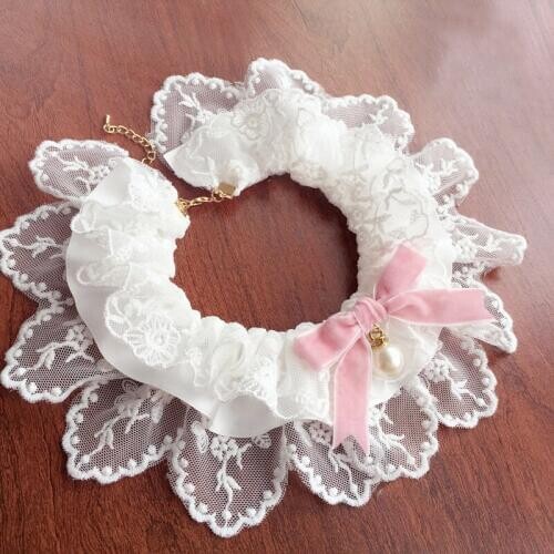 Pet Dog Cat Collars For Puppy Handmade Pearls Jewelry White Lace Collars For Lovely Cat Necklace Bib Dog Accessories