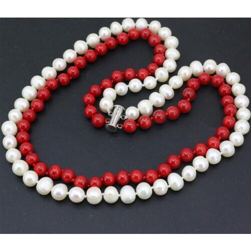 Charms 2 rows strand necklace for women white 8-9mm natural freshwawter pearl 7mm red coral beads chain jewelry 18-19" B3454
