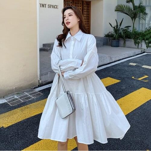Korean Shirt Dress Vintage Spring Autumn Long Sleeve White Black Dress Streetwear Plus Size Loose Pleated Long Dress Vestidos