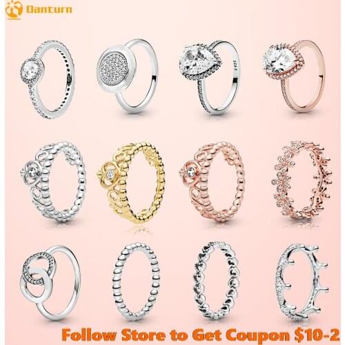 Authentic 100% 925 Sterling Silver Princess Tiara Crown Sparkling Love Heart CZ Rings or Women Jewelry Anniversary