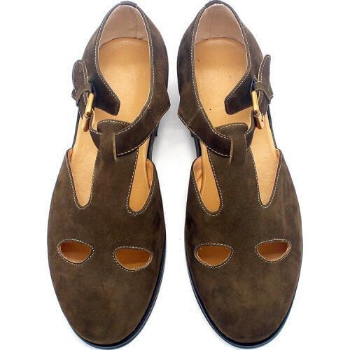 Retro Unisex Brown Scrub Cowhide Buckle Slip On Sandals Fashion High Street British Hollow Out Breathable Casual Shoes Plus Size