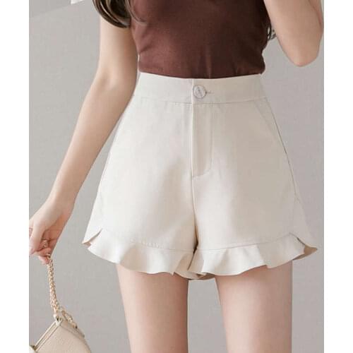 Fashion Ruffles Work Office Suit Shorts Women Summer White Black Thin Loose Straight High Waist Wide Leg Shorts For Women C7253