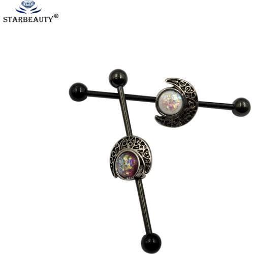 Starbeauty 1pc Opal StoneGemmed Moon Long Helix Earring Industrial Barbell Ear Piercing Jewelry Come with Three Barbells