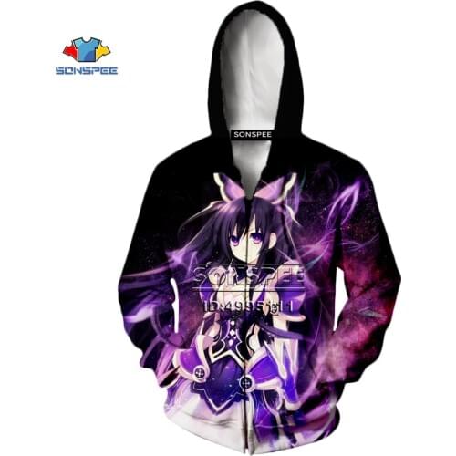 SONSPEE 3D Print Anime Date A Live Tohka Yatogami Tokisaki Kurumi Mens Sweatshirt Zipper Hoodies Casual Harajuku Hip Hop Tops
