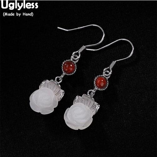 Uglyless Vintage Ethnic Thai Silver Fine Jewelry for Women Handmade Solid 925 Silver Agate Earrings Natural Jade Flower Earrings