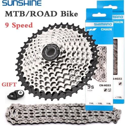 SUNSHINE 9 Speed Flywheel Shimano Road Bike Chain Set HG53 HG93 KMC X9 Chains 11-25T/28T/32T/36T/40T/42T 9V MTB Bicycle Cassette