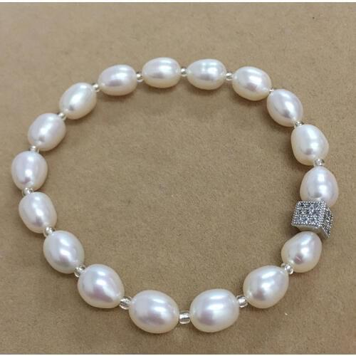 High quality pearl bracelet ,100% NATURE FRESHWATER PEARL Bracelet-AAAA high luster rice pearl 7-9 mm,mini square silver metal