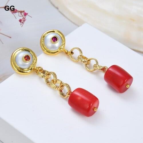 GuaiGuai Jewelry Natural Pearl Natural White Pearl Red Coral Stud Chain Red CZ Earring Classic For Women
