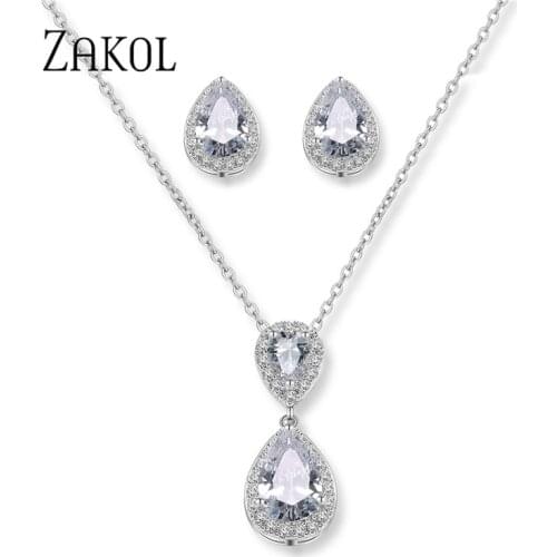 ZAKOL Elegant High Quality Cubic Zirconia Water Drop Earrings Necklace Set Bridal Jewelry for Women Wedding Party Gifts FSSP3036