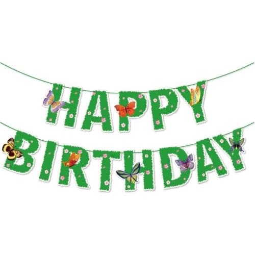 Butterfly Green Grassland Happy Birthday Banners Kids Birthday Party Decoration Hanging Bunting Baby Shower Party Supplies BA140
