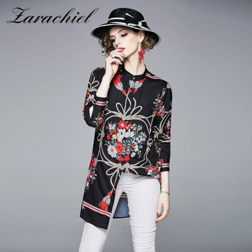 Women Vintage Drawstring Pattern Flower Print Ladies Blouse and Shirt Long Sleeve Side Split Casual Loose Work Wear Office Shirt