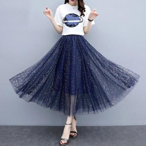 2021 Spring Autumn New Women Fashion Chic Two-layer Mesh Skirt Elastic High Waist Bronzing Shining Mid-calf A-line Skirts Y347