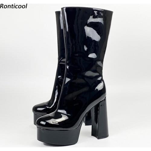 Ronticool Hot Women Winter Mid Calf Boots Chunky Heels Round Toe Gorgeous Light Blue Pink Night Club Shoes Plus US Size 5-15