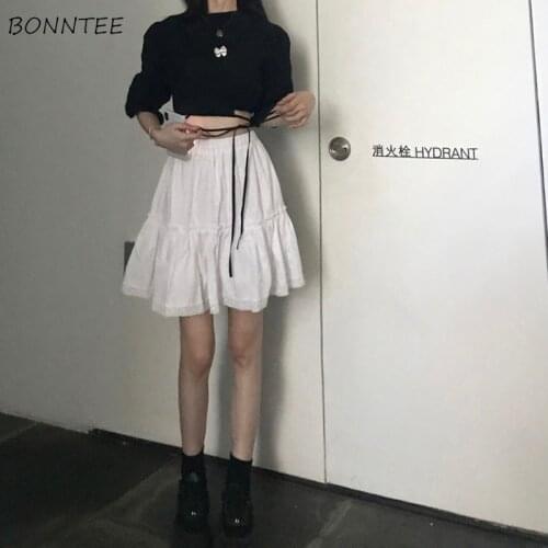Two Pieces Women Sets Ruffles Lace Puff Sleeve Crop Top and Solid Mini Skirts Korean Style Chic Trendy Popular Elegant College