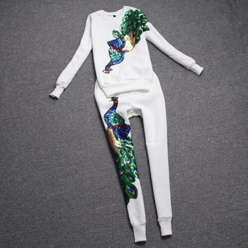 2020 Fashion women 2 piece sets spring autumn casual long sleeve peacock sequins sweater long pants ladies two piece suits TB704