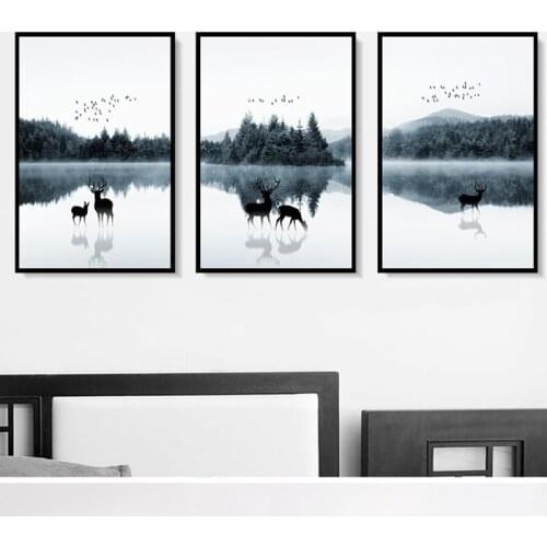 Animal Forest Landscape Canvas Painting Nordic Deer Family Poster And Print Wall Art Picture for Living Room Office Decoration