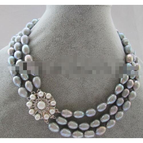 0773 3row natural gray baroque rice shape freshwater pearl necklace