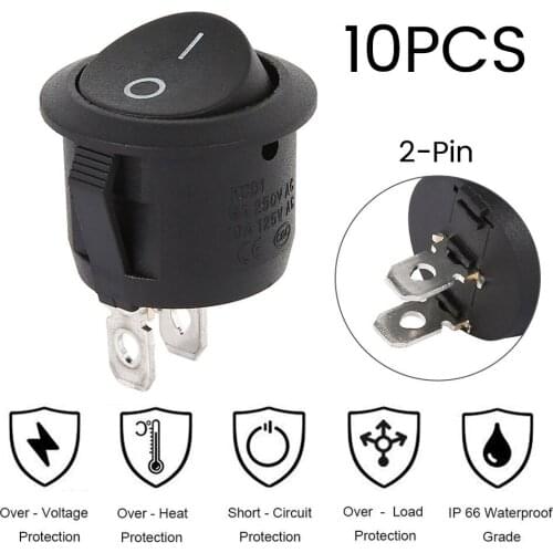 10Pcs Round Rocker Switches Black Mini Round Black 2 Pin ON-OFF light switch