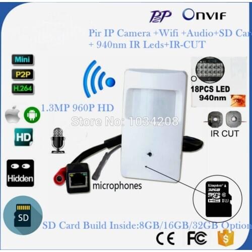 940NM IR LED Night Vision CCTV P2P Onvif Pin hole Lens IP SD Card Build WIFI PIR IR Camera P2P HD 960P IP Wireless PIR Camera