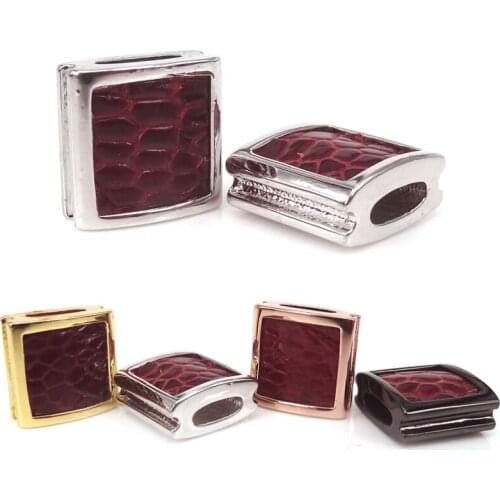 Rose Gold Silver Black Gold Color & Red Python Leather Square Bead For Bracelet DIY Luxury Jewelry Accessories Charm Beads 10mm