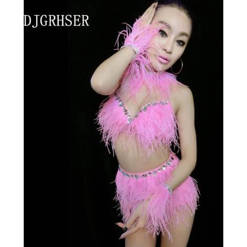 DJGRSTER 2020 New performance dance costumes,DJ pink Feather costume,bra+skirt+ hand chain+necklace,Sexy jazz dance costumes