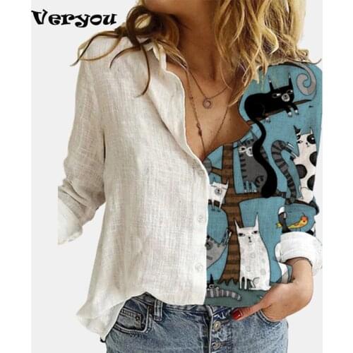 Elegant Turn-down Collar Button Shirt Women pring Face Floral Print Long Sleeve Tops Ladies Casual Plus Size Womens T-Shirts