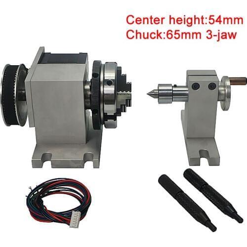 DIY cnc rotary axis A axis chuck 65mm 3-jaw tailstock kit 4th axis for cnc 3020 3040 6040 engraver router center height 54mm