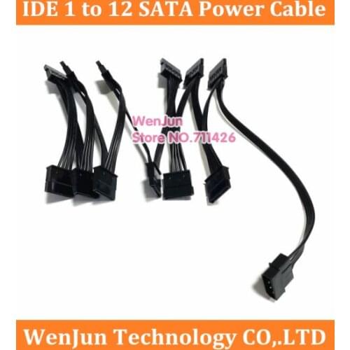 4Pin IDE Molex to 12-Port 15Pin SATA Power Cable Cord Lead 18AWG Wire For Hard Drive HDD SSD PC Server DIY Black