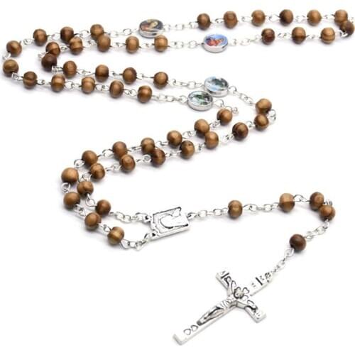 Handmade Round Wood Rosary Beads Cross Religious Jesus Necklace Christian Charms X6HE