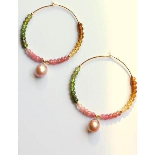 LiiJi Unique Rainbow Tourmaline Baroque Pearl Hoop Earrings 925 Sterling Silver Gold Color Real Stone Purple Pink Pearl Earrings