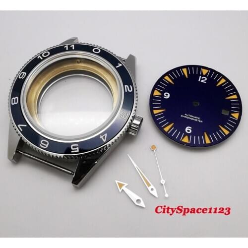 41mm Blue Ceramic Bezel Mens 316 SS Watch Case dial hands fit ETA 2836 mechanical Wristwatch waterproof