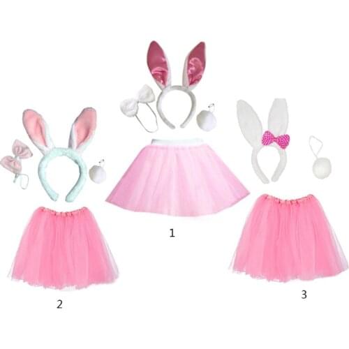 Easter Bunny Costume Set Rabbit Ears Headband Bow Tie Plush Tail with Pink Tutu Skirt Cosplay Accessories Stage Performance Carn