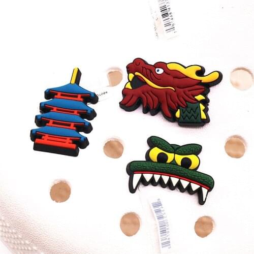 Dropshipping Safety Materials Shoe Charms Accessories Dragon and Tower PVC Shoe Buckle Decoration Fit Croc Jibz Party Kids Gifts