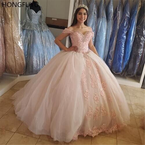 HONGFUYU Puffy Quinceanera Dresses Sweet 16 Off Shoulder Ball Gowns Crystals Light Pink Tulle Prom Dress with Appliques Lace
