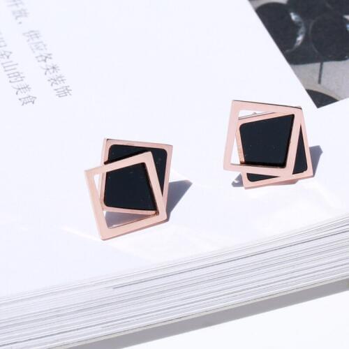 YUN RUO Fashion Black Rhombus Stud Earring Woman Rose Gold Color Titanium Steel Jewelry Girl Birthday Gift No Fade Free Shipping