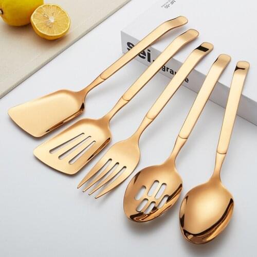 Serving Spoon 5 pcs Rose Gold 304 Stainless Steel Long Handle Serving Spoon Fork Slotted Skimmer Kitchen Serving Accessories