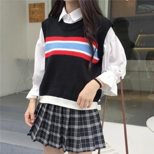 Y2K Sweaters Pullovers O Neck Knitwear Loose Casual Knitted Tops Women Streetwear Tops Black 2020 Autumn Cropped Argyle Vest