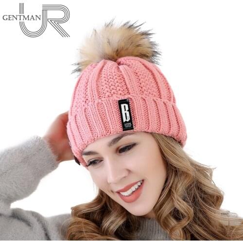 New Women Hat High Quality Add Fur Lined Pompoms Winter Hat Stylish Wool Beanie Hats For Women Warm Thick Streetwear Knitted Cap