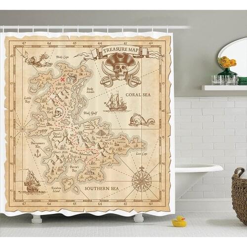 Ocean Island Shower Curtain Old Ancient Antique Treasure Map with Details Retro Color Adventure Sailing Pirate Bathroom Curtains
