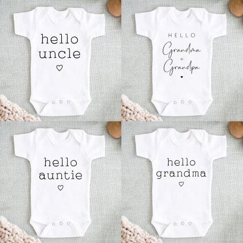 Hello Uncle/auntie Baby Pregnancy Anouncement Bodysuit Summer Short Sleeve Jumpsuits Baby Boys Girls Romper Clothes