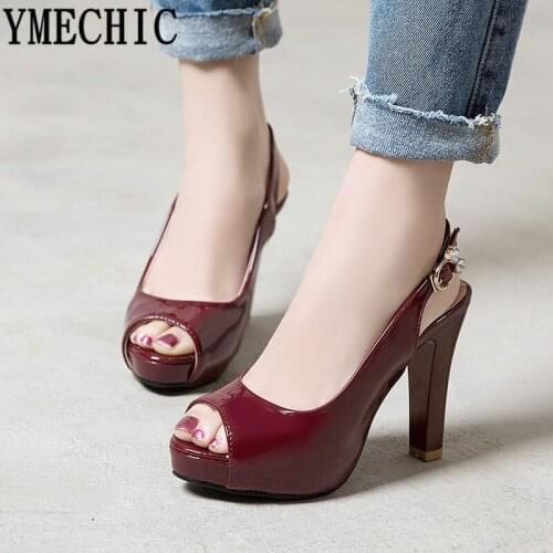 YMECHIC 2019 Summer Womens Shoes Heels Peep Toe Spike High Heel Pumps Plus Size Patent Pu Ladies Slingbacks Black Office Shoes