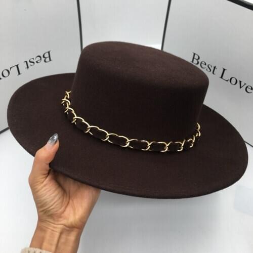 Spring and Winter new wool coffee flat-topped top hat for women is version of retro Chain fashion womens cap