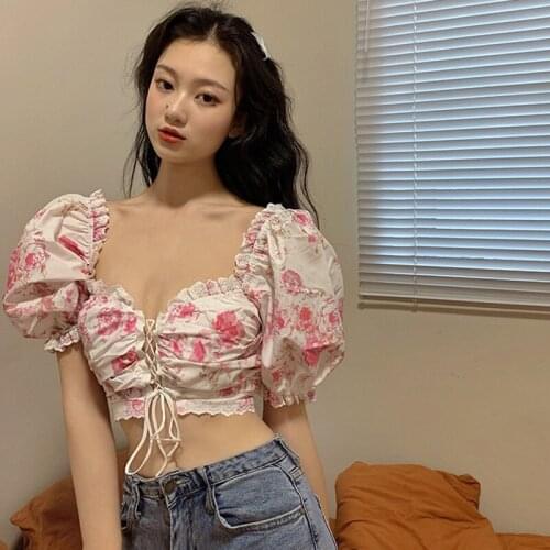 Women Floral Print Chiffion Blouses Hollow Out Korean Fashion Exposed Navel Short Sleeve Shirt Short Tops