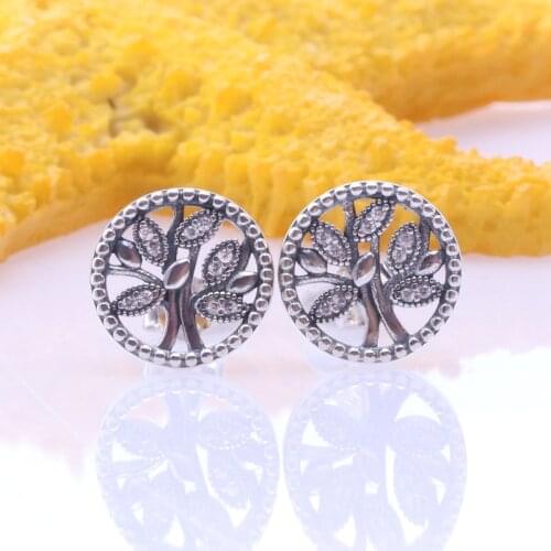 925 Sterling Silver Pan Earring Trees Of Life Stud Earrings With Crystal For Women Wedding Gift Fashion Jewelry