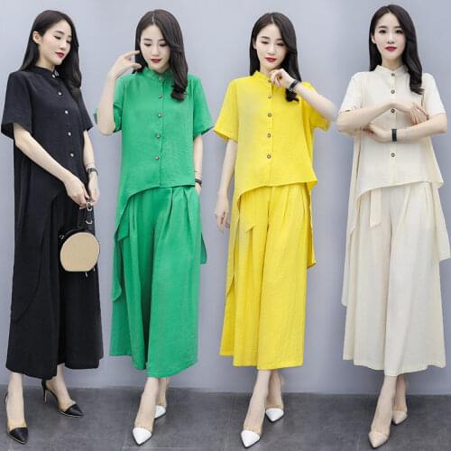 Chic 2021 Summer Asymmetry Shirt And Pants Two Piece Retro Short Sleeve Loose Casual Large Size Womens Cotton Linen Suit zh951