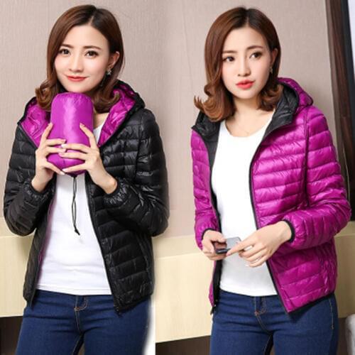 Winter Women Ultra Light Down Jacket White Duck Down Hooded Jackets Warm Coat Parka Female Portable Two Side Jacket abrigo mujer