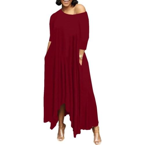 Autumn New Women Diagonal Collar Off Shoulder Long Dress Solid Casual Loose Wrist Sleeve Pocket Robe Maxi Irregular Vestidos 5XL