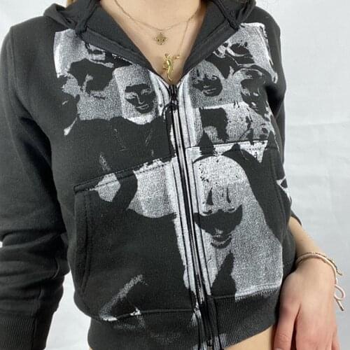 Hoodies Gothic Sweatshirt Long Sleeve E-girl Zipper Hoodies Women Cotton Coat Harajuku Streetwear Y2K Aesthetic Hip Hop Tops