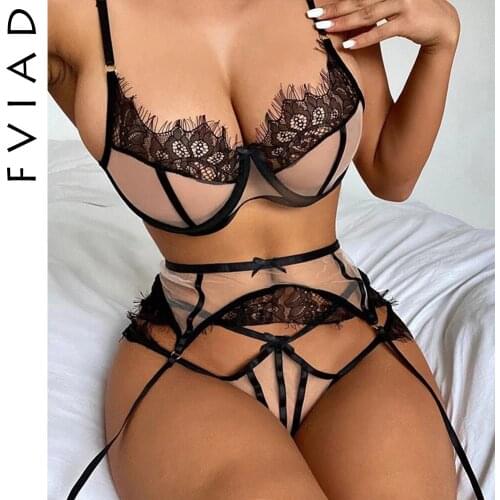 Womens Sexy Lingerie Embroidered Lace Perspective Heavy Craft Classic Underwear Suit Bra Briefs Sling Three-Piece