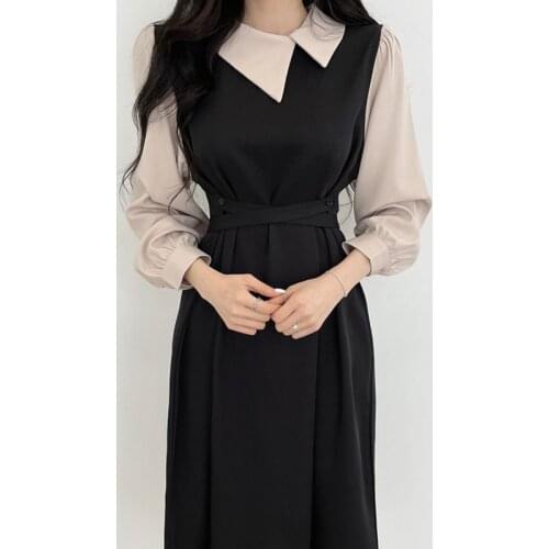 Korean Chic Autumn Temperament Elegant Puff Sleeve Lapel Contrast Irregular Dress Women Belt Patchwork Slim Retro Vestidos